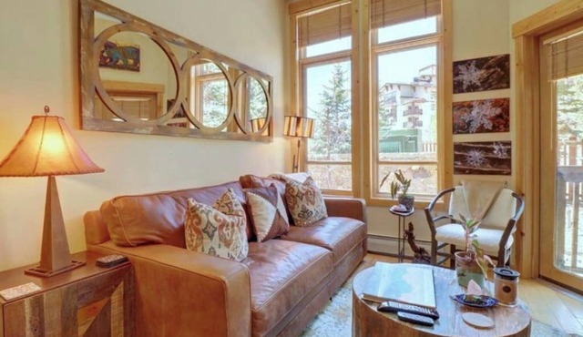 Cozy mountain condo with shared hot tub and gym, walk to ski lift